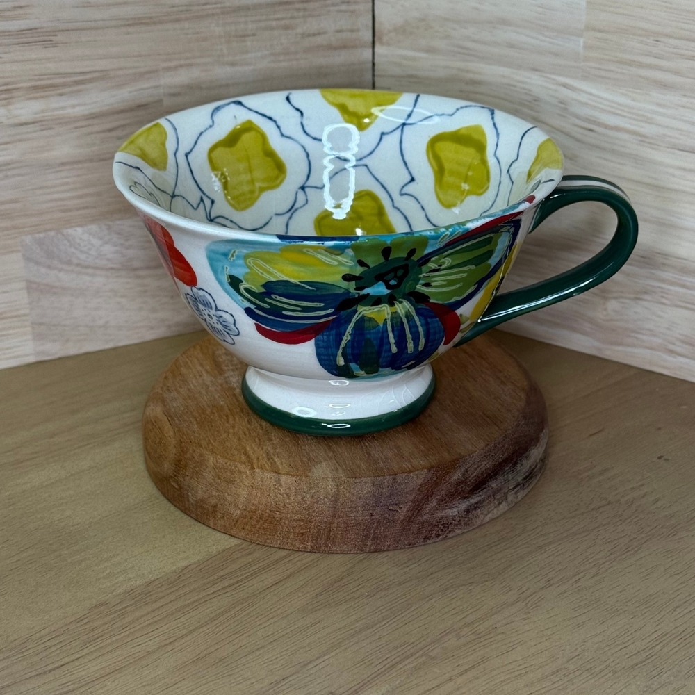 Handmade Ceramic Teacup Floral Butterfly‎ Design Green Handle Estudios Flores - Picture 2 of 4